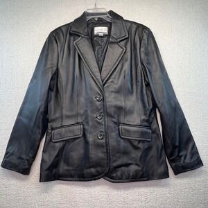 Womens Black Lambskin Leather Blazer Worthington Button Front Classic Jacket‎